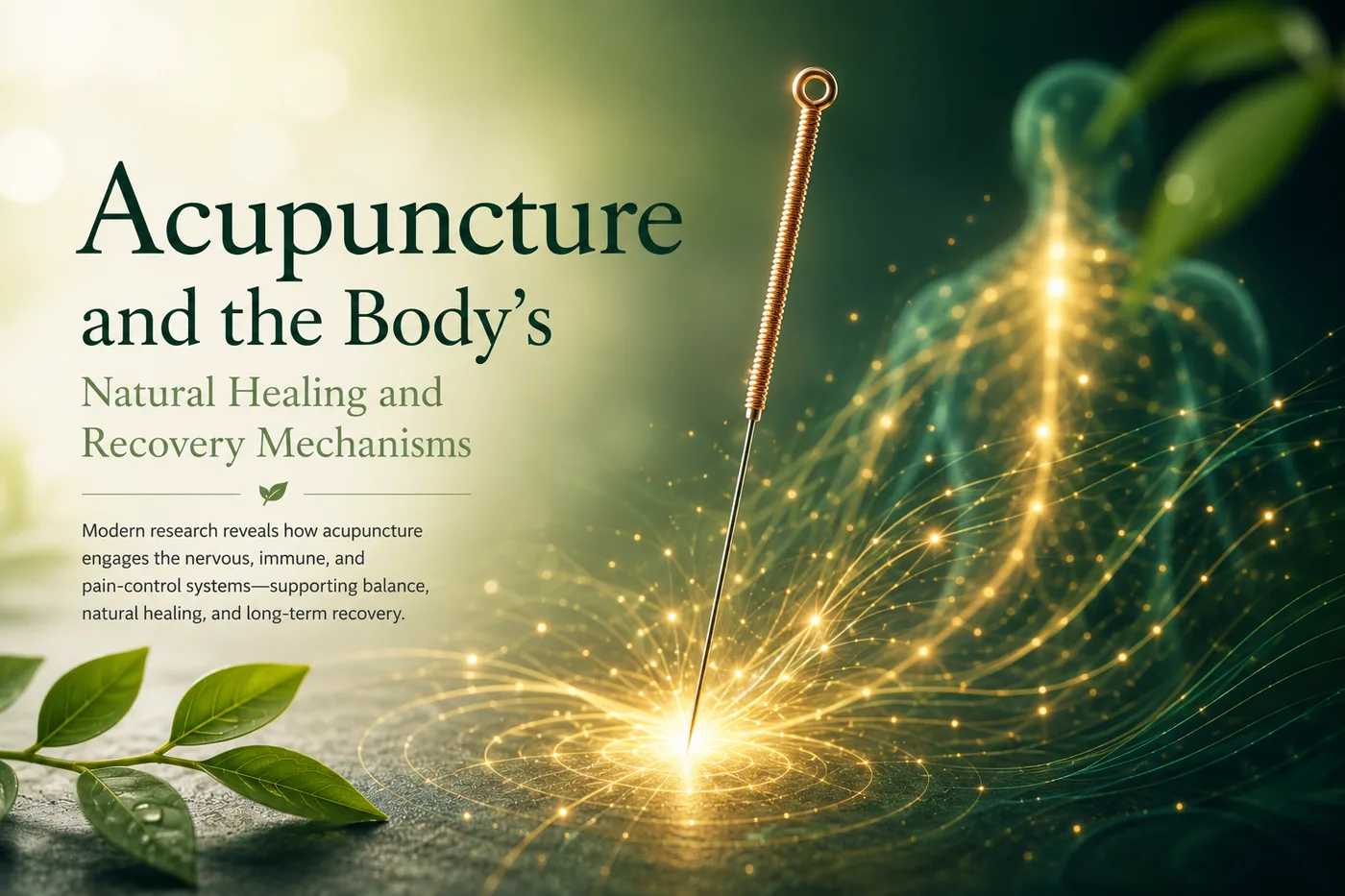 Acupuncture needle with golden neural signaling illustrating the body's natural healing and recovery mechanisms
