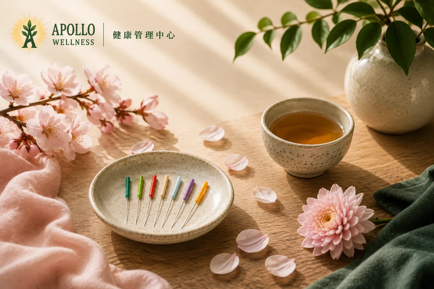 Acupuncture needles with tea and blossoms on a wooden table, Apollo Wellness